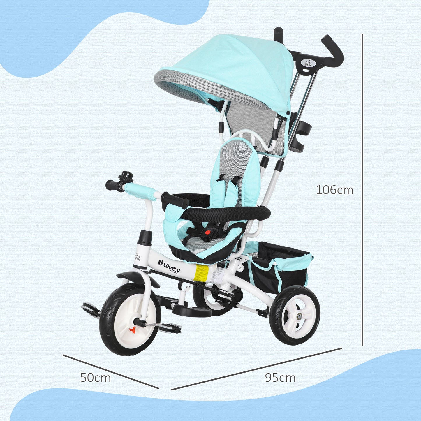 HOMCOM 6 in 1 Kids Trike Push Bike w/ Push Handle, Canopy, 5-point Seat Belt, Storage, Footrest, Brake, for 1-5 Years, Green