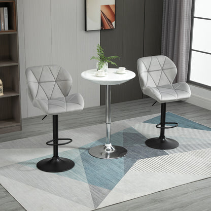 HOMCOM Bar Stools Set Of 2, Luxurious Velvet-Touch Barstools with Metal Frame Footrest Round Base Triangle Indenting Moulded Seat Adjustable Height Swivel Light Grey