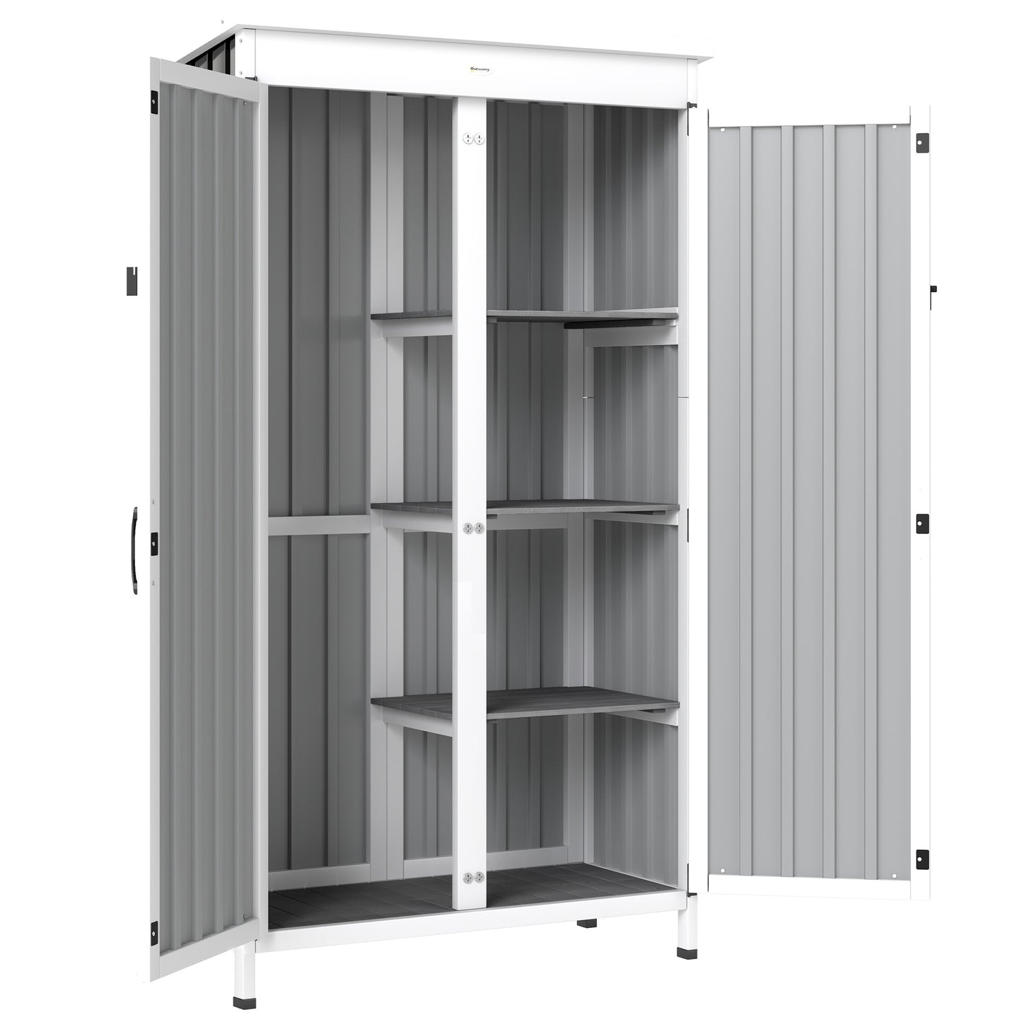 Outsunny Outdoor Storage Cabinet with Removable Shelves, Garden Tool Shed with Asphalt Roof, White and Black
