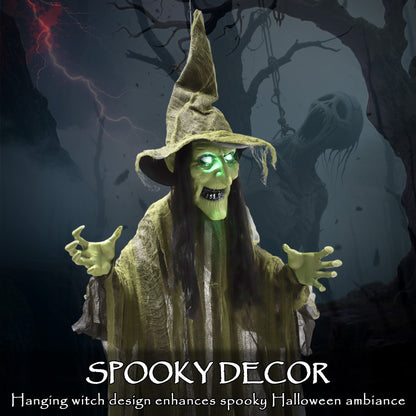 Outsunny 170 cm Life Size Hanging Halloween Animated Witch with Glowing LED Eyes, Spooky Witch Scary Halloween Decorations, Battery Operated, Indoor Party Props
