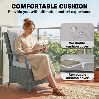 Outsunny 3 Pieces Rattan Bistro Set, Wicker Garden Furniture Set with Metal Frame, Cover, Glass Top Coffee Table, Light Grey
