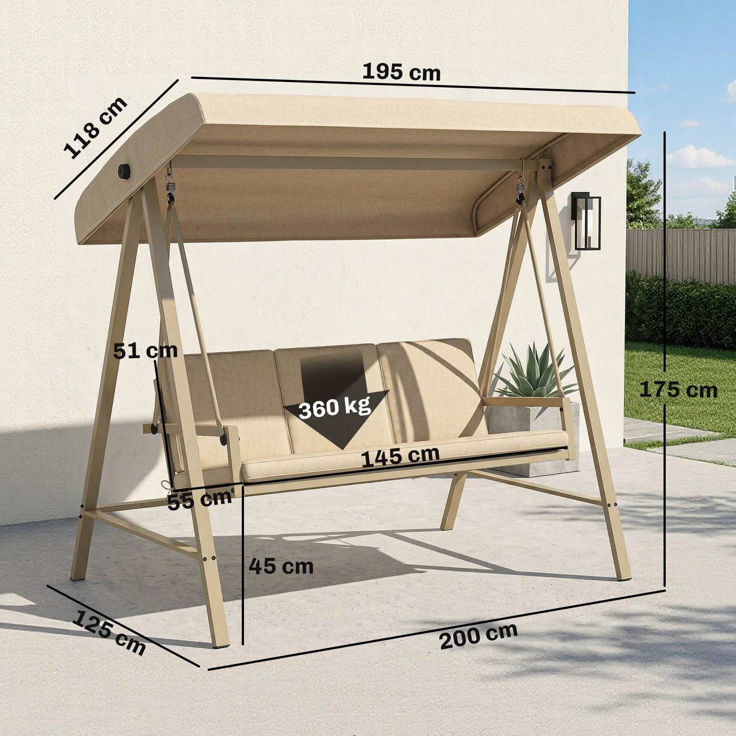 Outsunny Three-Seat Garden Swing Chair, with Adjustable Canopy - Beige