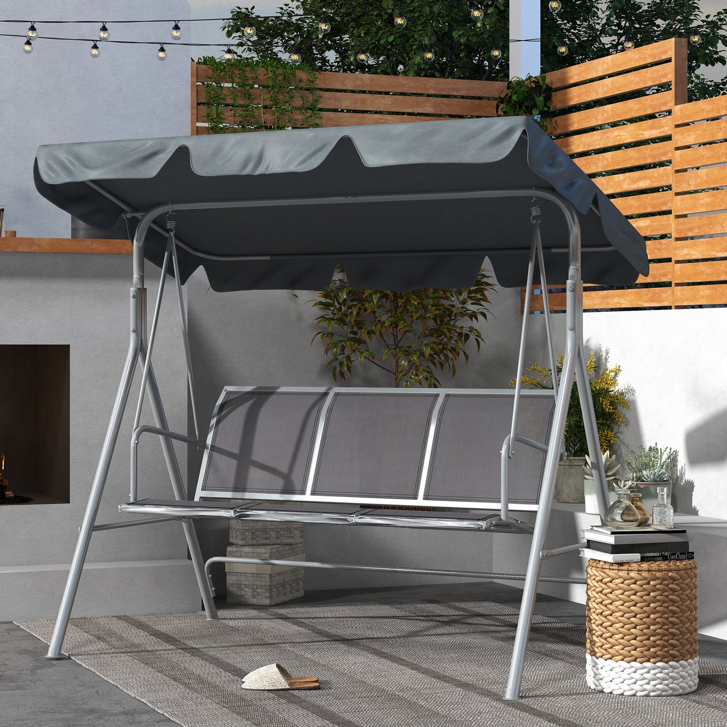 Outsunny 3 Seater Swing Chair, Garden Swing Bench with Adjustable Tilting Canopy, Breathable Mesh Seat and Heavy Duty Metal Frame for Patio, Garden, Dark Grey