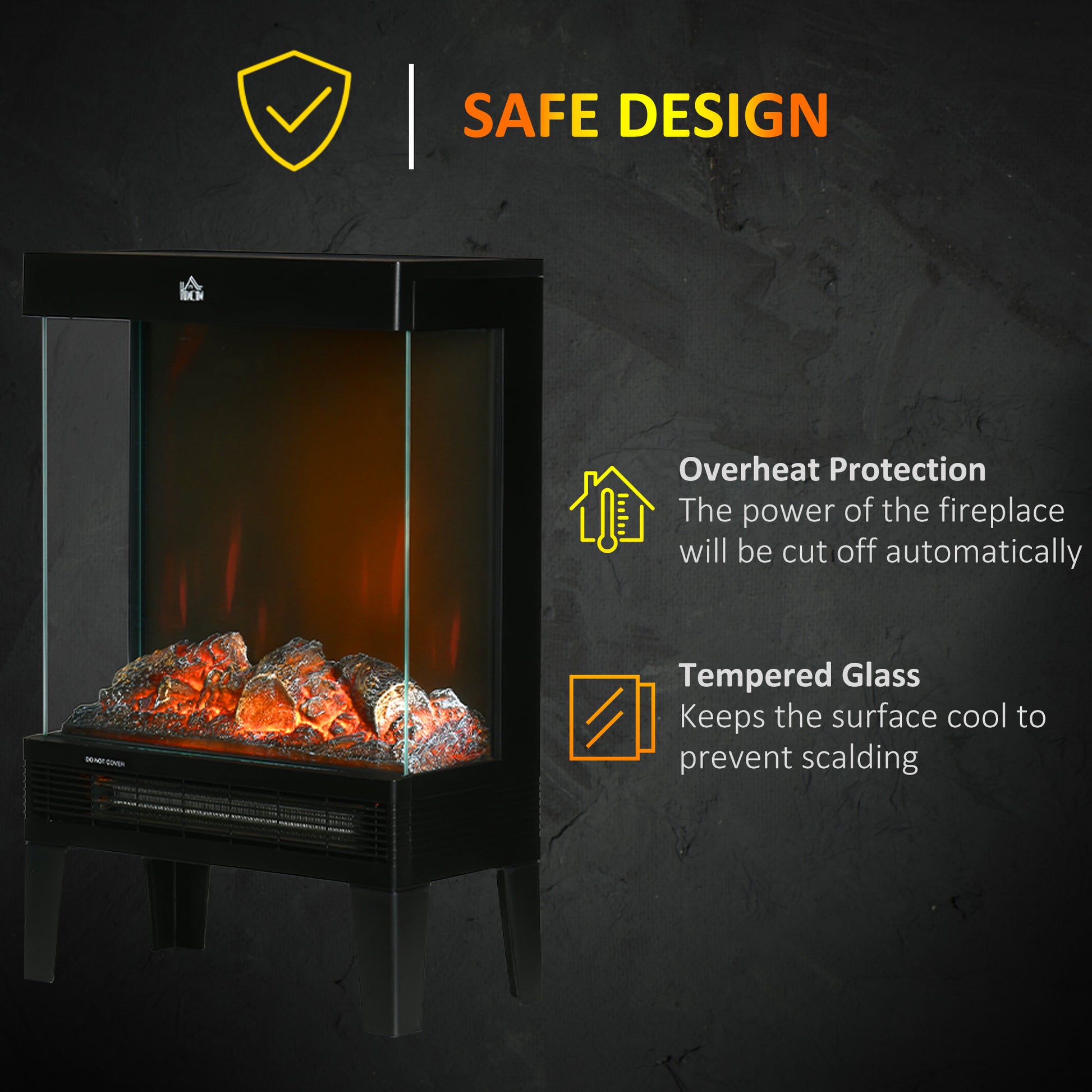 HOMCOM 180° Charming Electric Fireplace Heater, Quiet Freestanding Stove with LED Flame Effect, 3-Sided Tempered Glass Panels, Level-less Temperature Control, Overheat Protection, 1000W/2000W, Black-Indoor Fireplaces-ChewyGames-ChewyGames