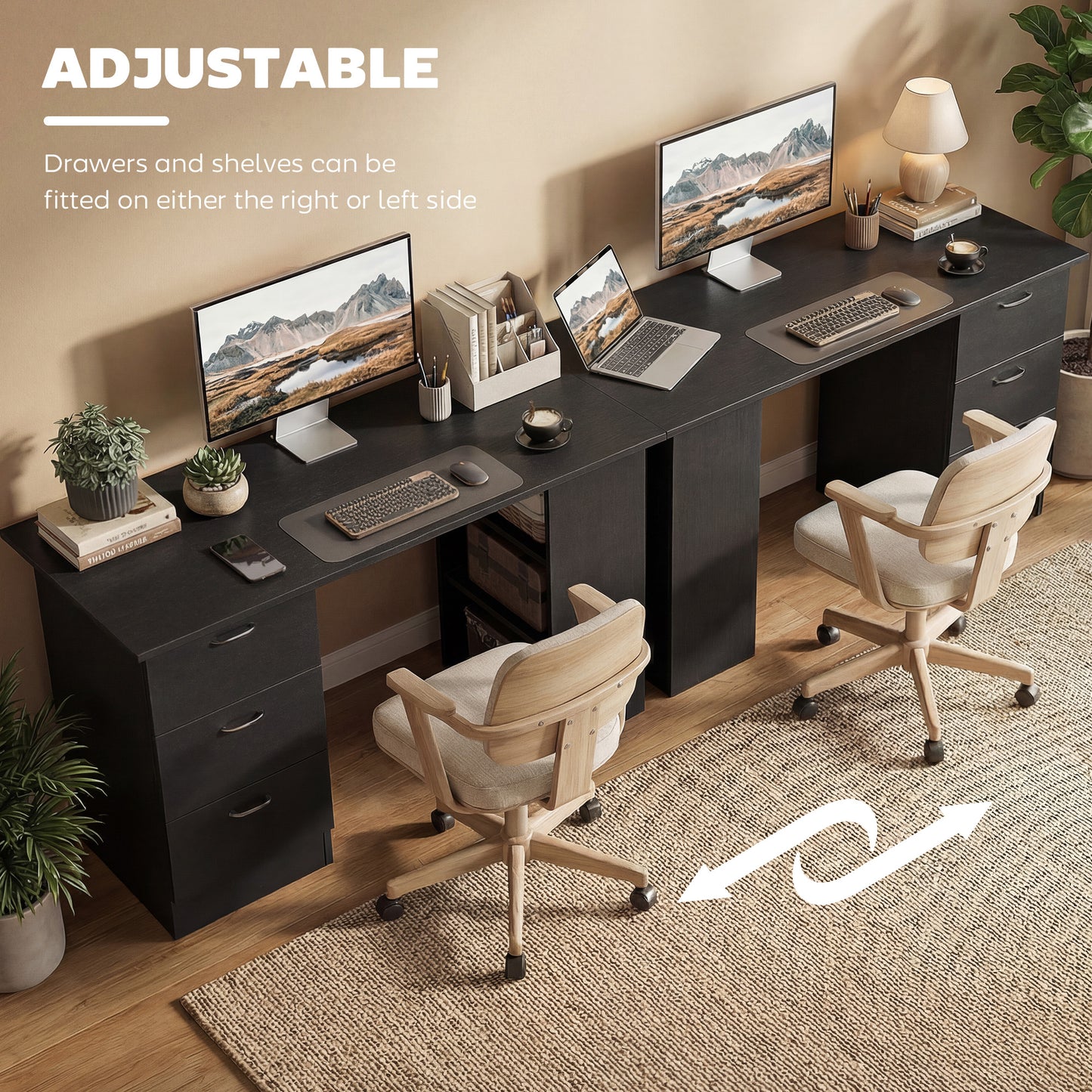 HOMCOM Computer Desk, Writing Table, PC Workstation with 3 Storage Shelves and Drawers, Handle, for Home Office, Black