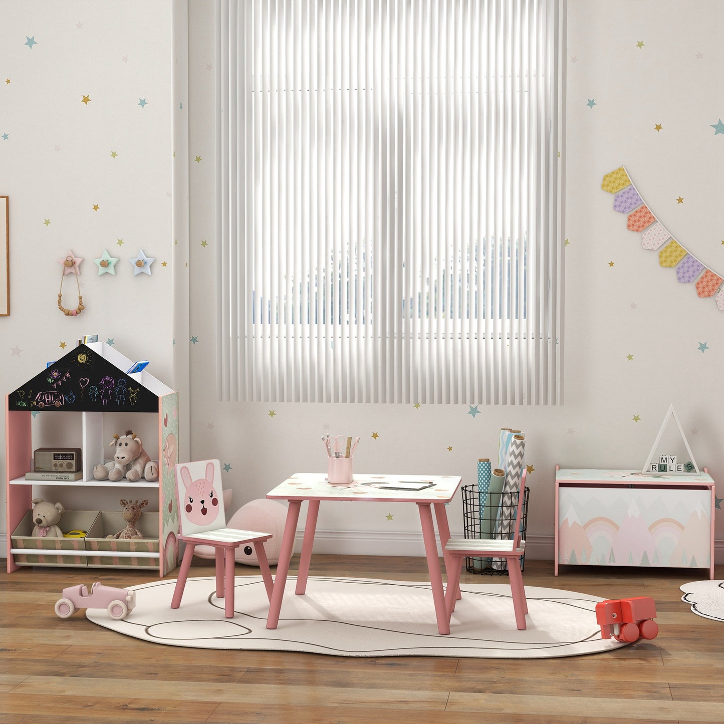 ZONEKIZ Kids and Table Chairs, Children Desk with Two Chairs, Toddler Furniture Set, for Ages 3-6 Years - Pink--ChewyGames-ChewyGames