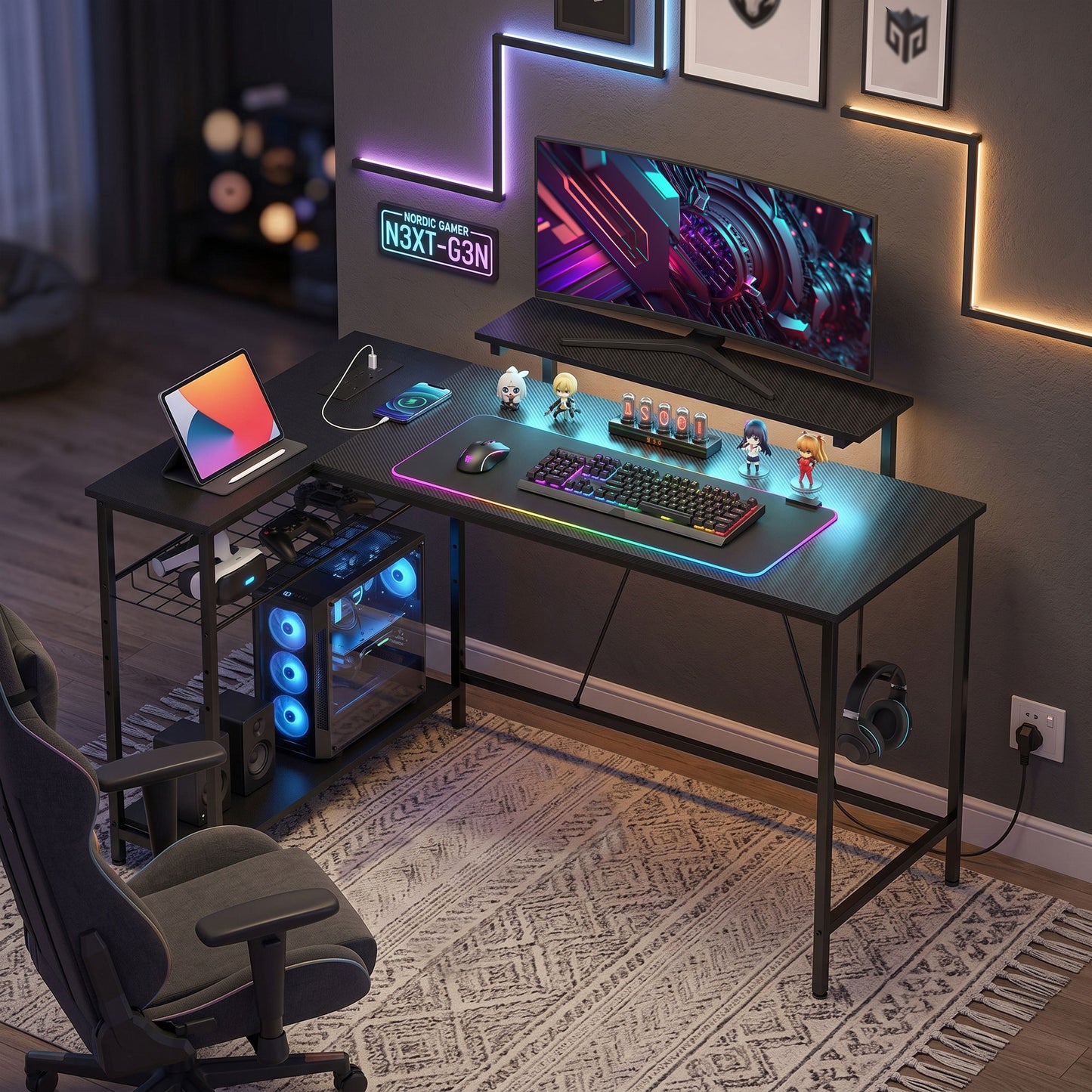HOMCOM Reversible 'L' LED Light Gaming/Work Desk - Black
