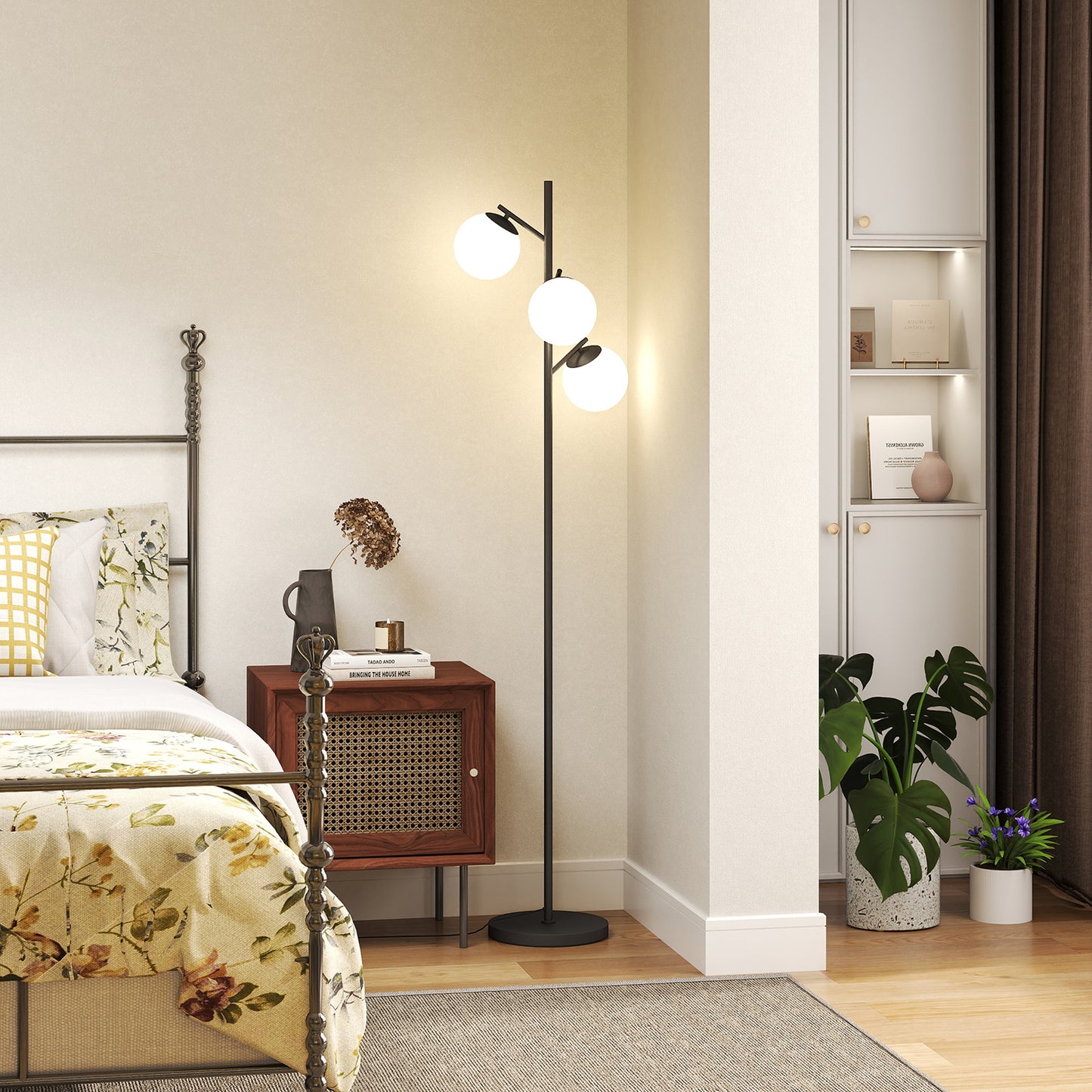 HOMCOM 3-Light Tree Floor Lamps for Living Room, Modern Standing Lamp for Bedroom with Globe Lampshade, Steel Base, Bulb not Included, Black