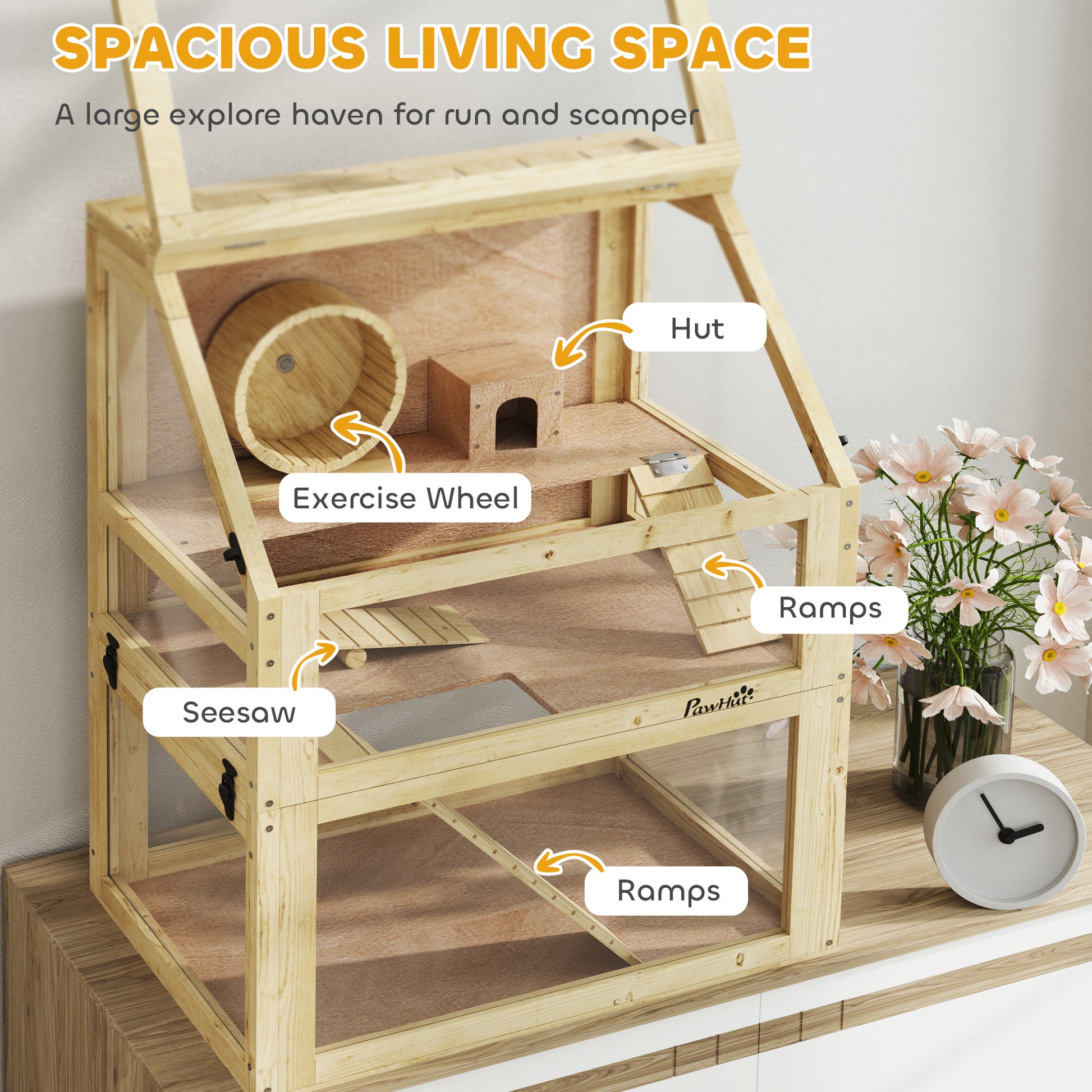 PawHut Wooden Hamster Cage with Detachable 32cm Deep Bottom, Hut, Seesaw, Exercise Wheel, Ramp, 60 x 40 x 75cm, Natural--ChewyGames-ChewyGames