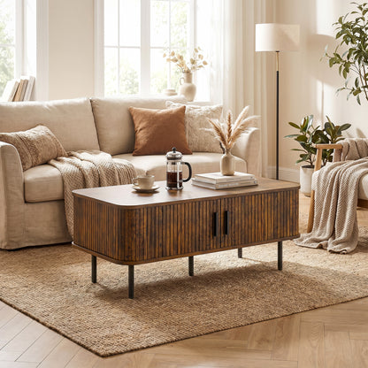 HOMCOM Coffee Table with Storage, Living Room Table with Slatted Tambour Sliding Doors and Adjustable Foot Pads, Rectangular Coffee Table with Elevated Base for Living Room, Rustic Brown