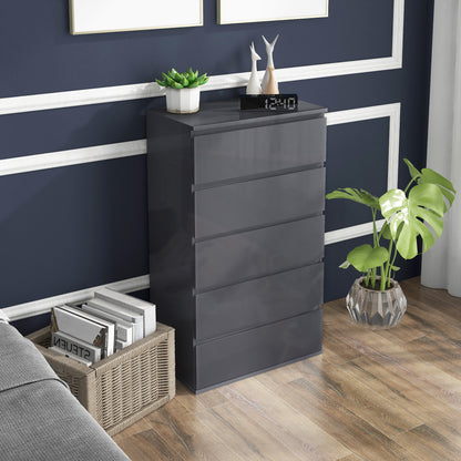 HOMCOM 5-Drawer Modern Dresser, High Gloss Storage Drawer Unit for Bedroom, Grey