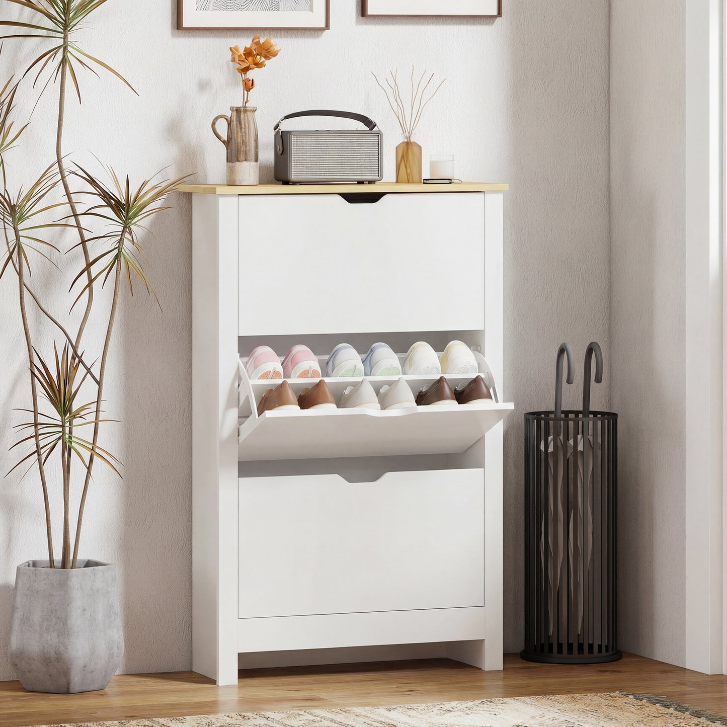 HOMCOM Slim Shoe Cabinet, Narrow Shoe Cupboard with 3 Flip Drawers, Adjustable Shelves for 18 Pairs of Shoes for Hallway, White