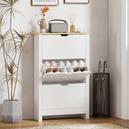 HOMCOM Slim Shoe Cabinet, Narrow Shoe Cupboard with 3 Flip Drawers, Adjustable Shelves for 18 Pairs of Shoes for Hallway, White