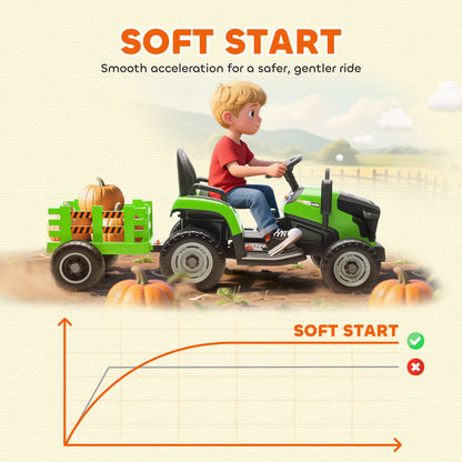 AIYAPLAY 12V Ride on Tractor and Trailer with Remote Control, Music, Shifter, Start-Up Sound, for Kids Ages 3-8 Years, Green