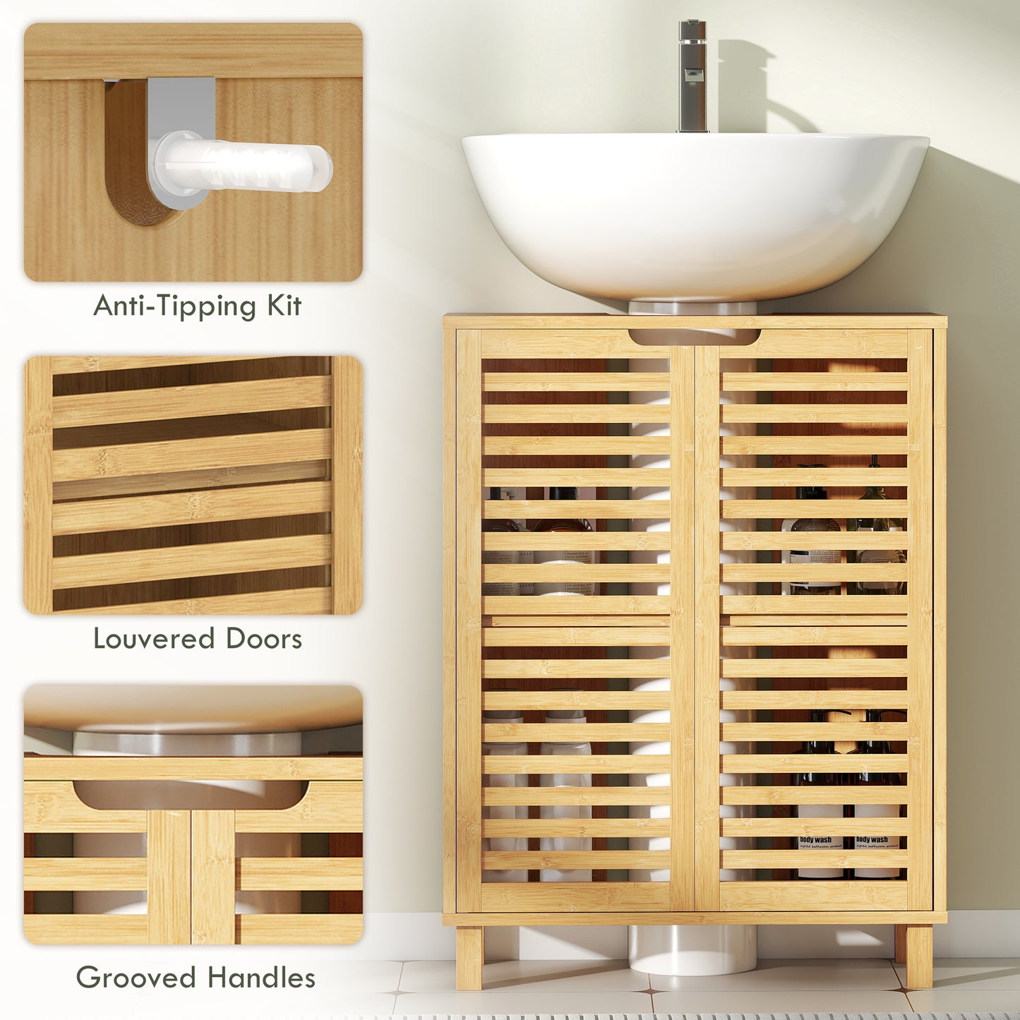 HOMCOM Under Sink Bathroom Cabinet, Freestanding Bamboo Under Sink Cabinet with Louvered Doors and Adjustable Shelf, Natural