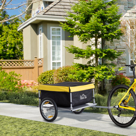 HOMCOM Two-Wheel Bicycle Large Cargo Wagon Trailer Oxford Fabric, Folding Storage, & Removable Cover, Yellow