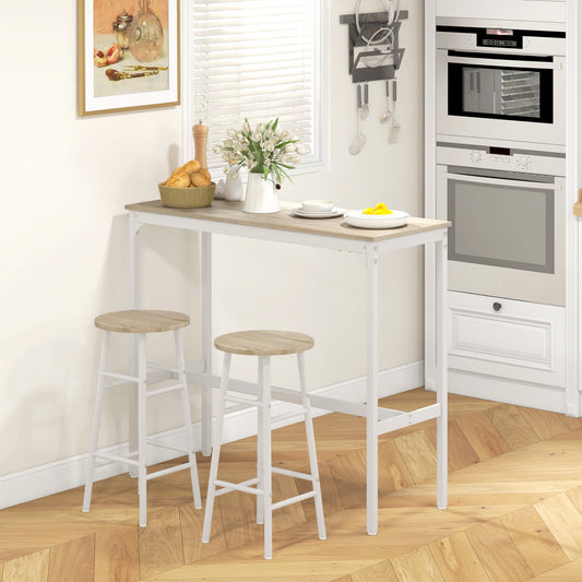 HOMCOM 3 Piece Bar Table Set with 2 Stools, Industrial Bar Table and Stool, Dining Table and Chair, Oak