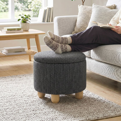 HOMCOM Storage Sitting Bench with Lid, Round Storage Ottoman with Rubberwood Legs, Dark Grey