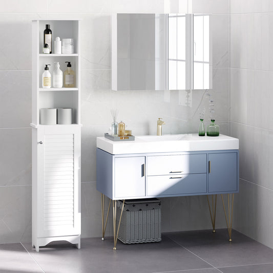 HOMCOM Tall Bathroom Cabinet, Freestanding Slim Bathroom Storage Unit with Adjustable Shelves and Shutter Door, Floor Storage Cupboard with 6 Shelves, 165H x 34W x 20D cm, White