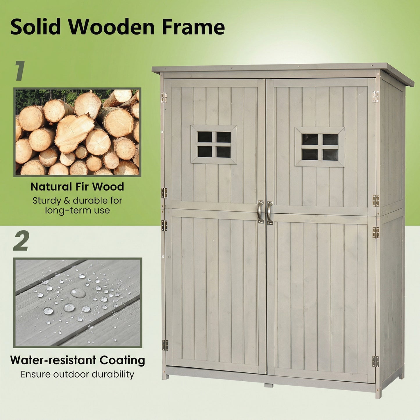 Outsunny Wooden Garden Shed with Two Windows, Tool Storage Cabinet, Outdoor Double Door Organizer 127.5L x 50W x 164H cm, Grey