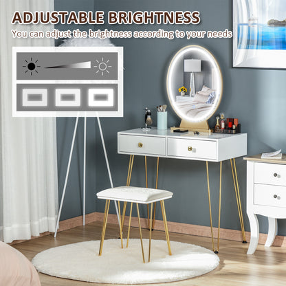 HOMCOM Dressing Table with LED Mirror and Cushioned Stool, Vanity Desk with Acrylic Lipstick Holder and 2 Drawers, Makeup Table for Bedroom, White