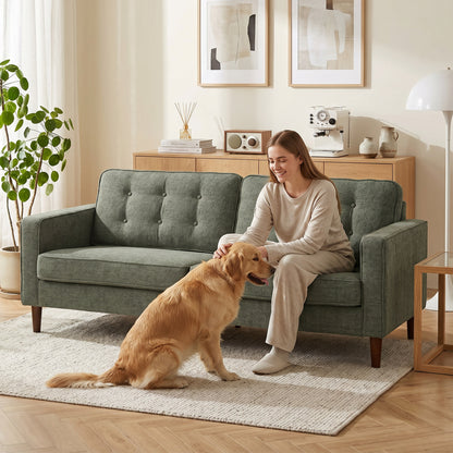 HOMCOM 3 Seater Sofa Button Tufted Upholstered Velvet Couch with Wood Legs for Living Room, Green