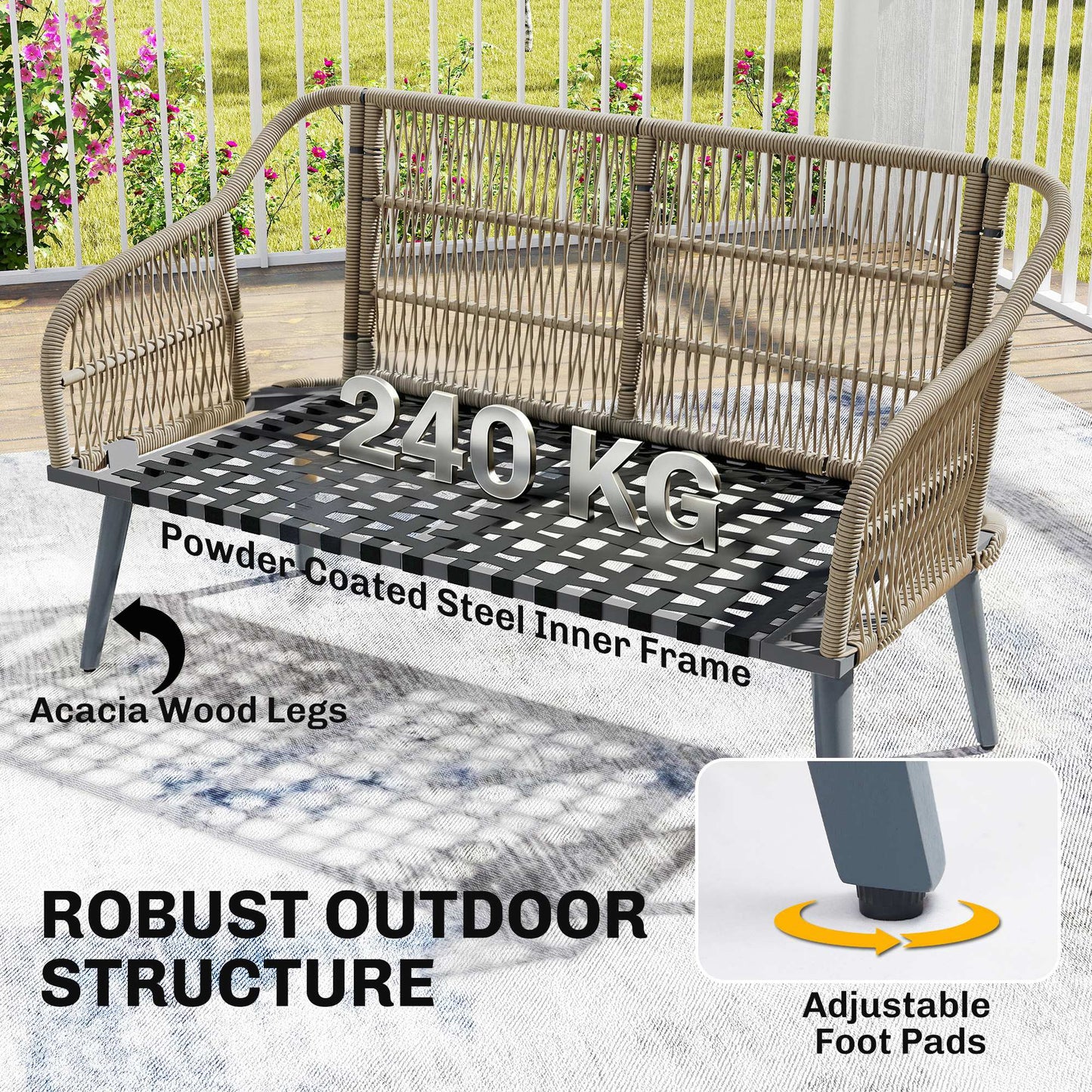Outsunny 4 Piece Rattan Garden Furniture Set with Loveseat, Armchairs, Wood Table, Wicker Patio Conversation Set, Grey