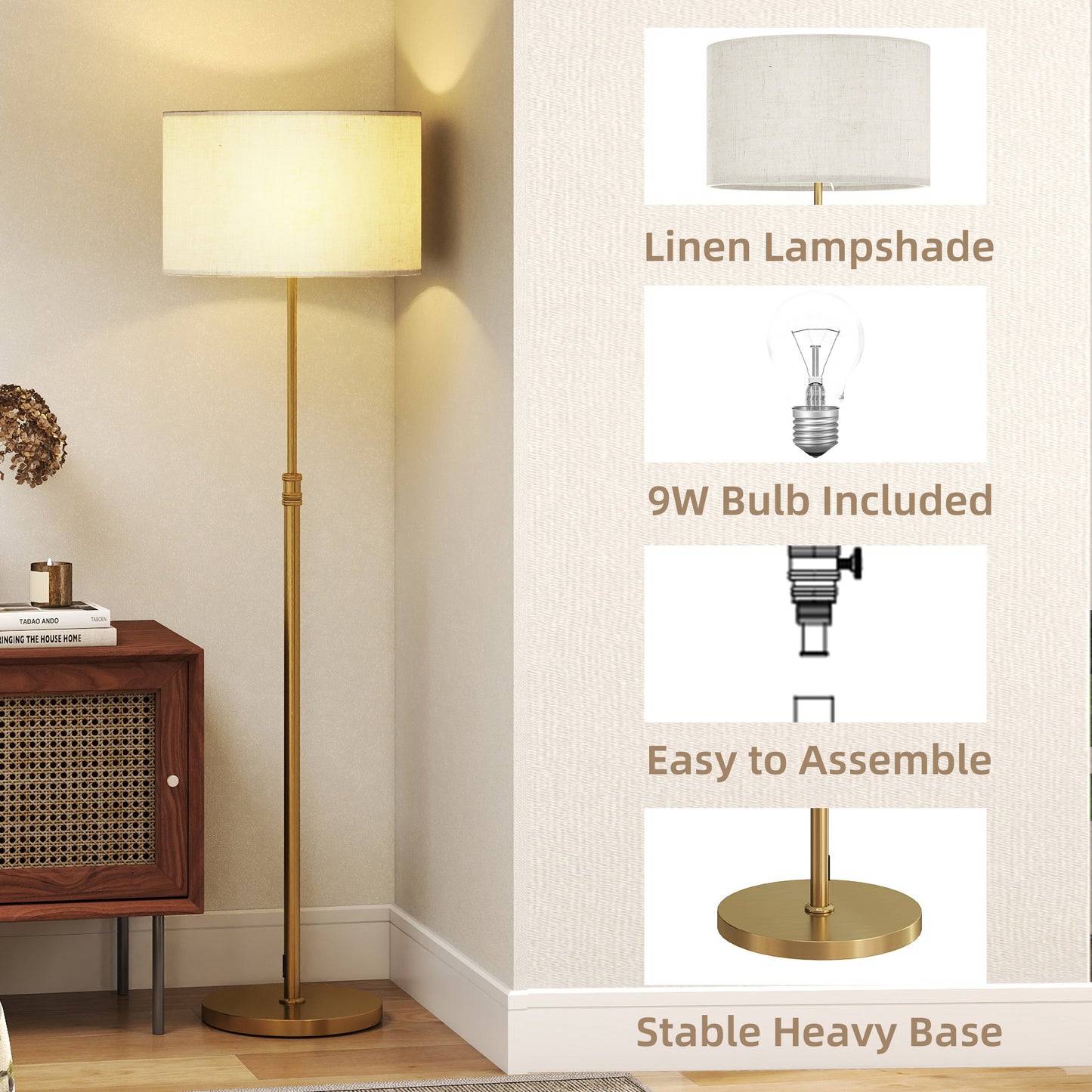 HOMCOM Floor Lamp with Remote, Height Adjustable Standing Lamp with Linen Shade, Dimmable with 3000K-6000K Adjustable Colour Temperatures, Foot Switch for Living Room Bedroom Office, Gold Tone