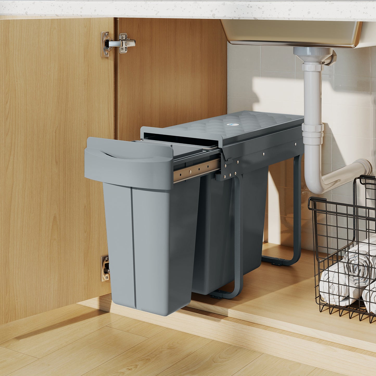 HOMCOM 2 Removable Recycling, ContaineUnder-Sink Kitchen Trash Bin, Smooth Slide, Handle, Diamond Pattern Lid, Grey