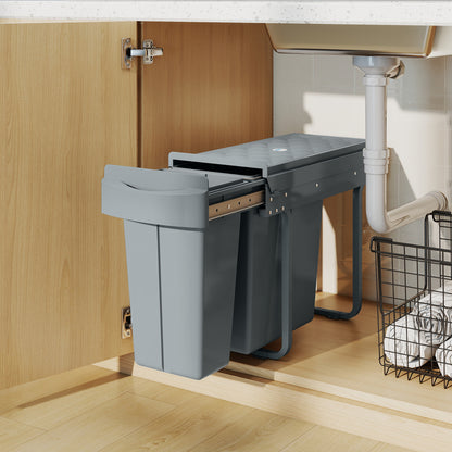 HOMCOM 2 Removable Recycling, ContaineUnder-Sink Kitchen Trash Bin, Smooth Slide, Handle, Diamond Pattern Lid, Grey
