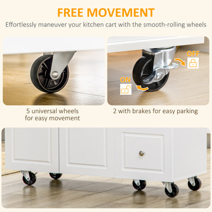 HOMCOM Kitchen Island on Wheels, Rolling Kitchen Storage Trolley with Drop Leaf, Drawers, Towel and Spice Rack, White