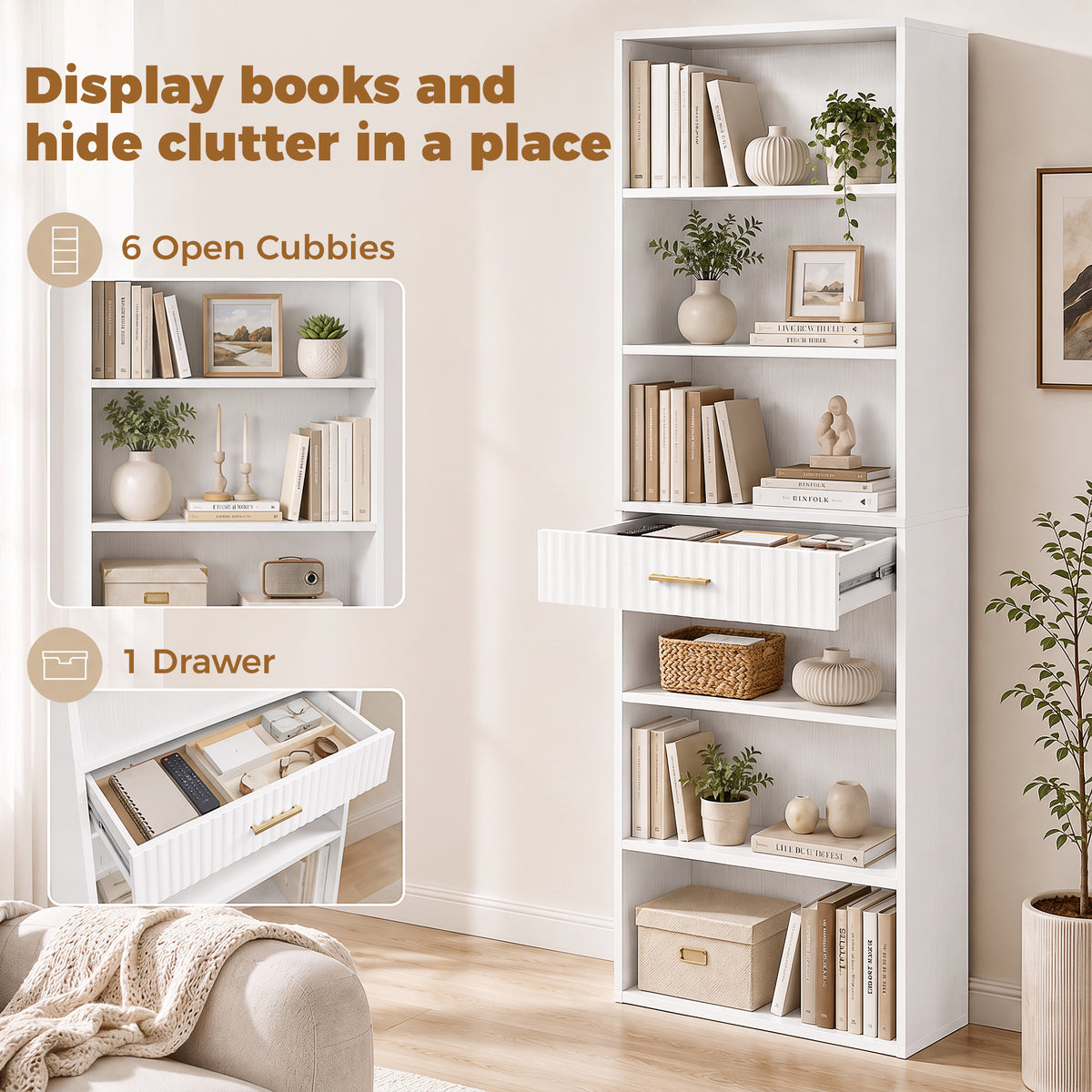 HOMCOM Bookcase Narrow Tall Space-Saving Bookshelf Drawer Open Shelves 60 x 24 x 182 cm White