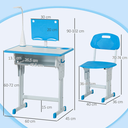 HOMCOM Kids Desk and Chair Set Adjustable Height Study Table Set with Drawer, Book Stand, Pen Slot - Blue