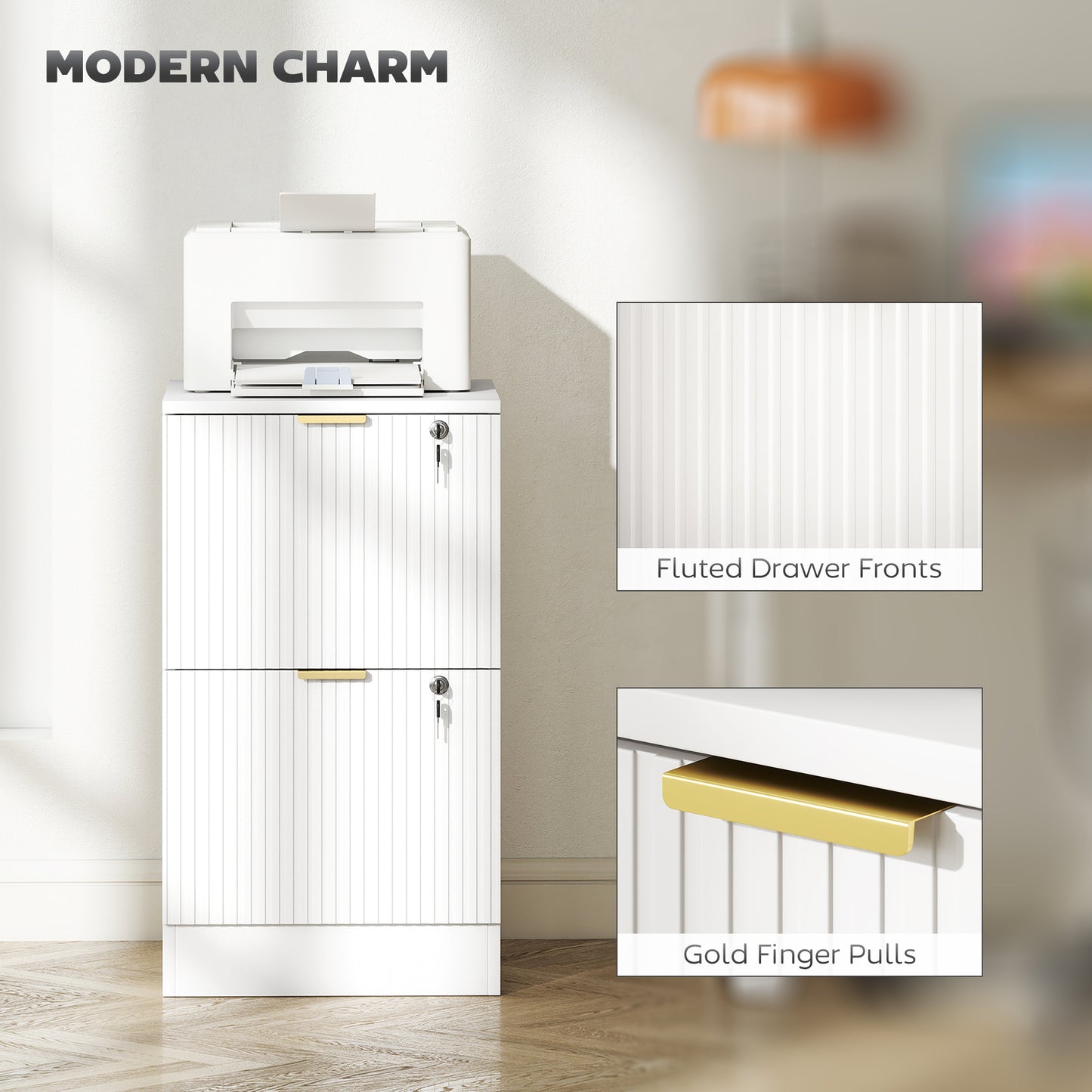 HOMCOM Filing Cabinet, Fluted Vertical File Cabinet with 2 Lockable Drawers and Hanging Rails, White