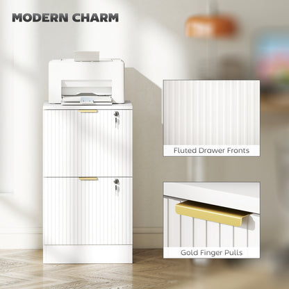 HOMCOM Filing Cabinet, Fluted Vertical File Cabinet with 2 Lockable Drawers and Hanging Rails, White