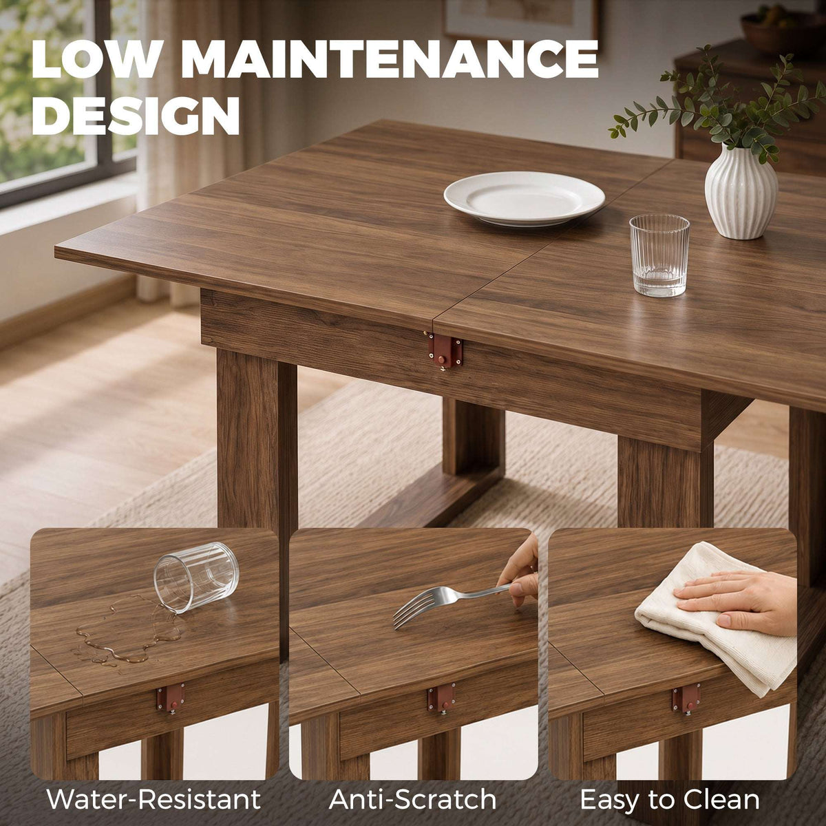 HOMCOM Folding Dining Table Under-Table Storage Extendable Kitchen Table Steel Rail Grey Wood Effect