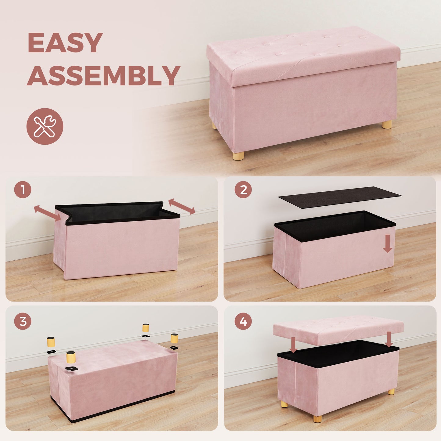 HOMCOM Velvet Upholstered Foldable Ottoman Footrest, Storage Ottoman Bench with Wood Legs for Living Room, Pink