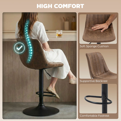HOMCOM Breakfast Bar Stools Set of 2, 59-80cm Sitting Hight Leather Upholstered Bar Chairs - Brown