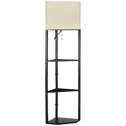 HOMCOM Corner Floor Lamp with Shelves, Modern Tall Standing Lamp with Chain Switch for Living Room, Bedroom, Bulb Not Included, Black