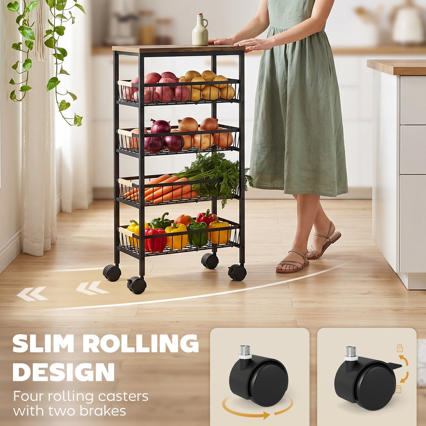 HOMCOM Metal Kitchen Trolley, 4-Tier Storage Trolley with Pull-Out Baskets and 4 Swivel Casters for Kitchen, Rustic Brown