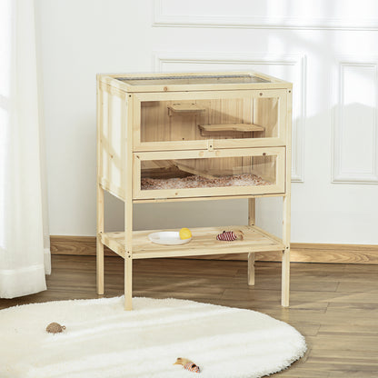 PawHut Wooden Hamster Cage with Storage Shelf, Small Animal Exercise Play House with Openable Top, Ramp for Gerbils, Drawf Hamsters, 60 x 40 x 80 cm - Natural
