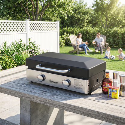 Outsunny 2 Burner Grill Griddle, Portable Gas Plancha, 6 kW, Tabletop Gas BBQ with Grease Cup for Camping Picnic Patios, Black