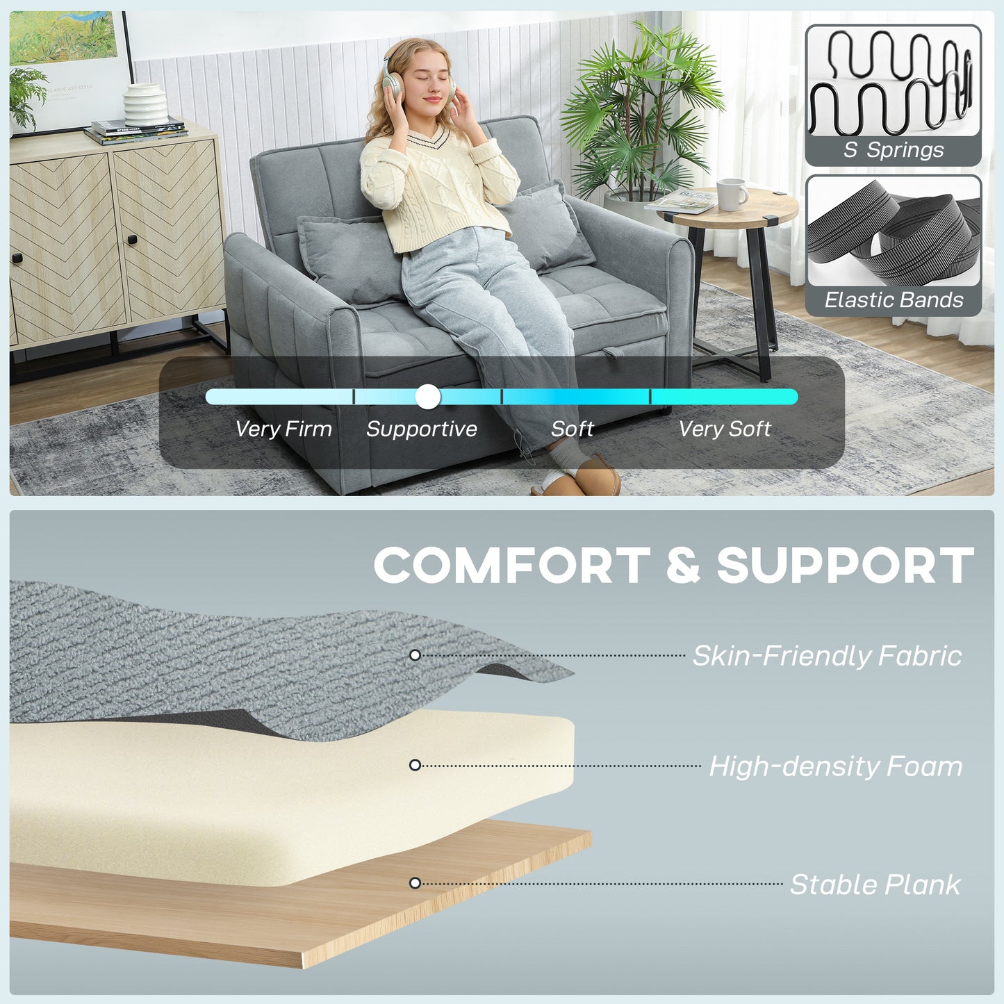 HOMCOM 2 Seater Sofa Bed, 3-in-1 Convertible Sleeper Sofa with Click-clack Adjustable Backrest and 2 Pillows, Grey
