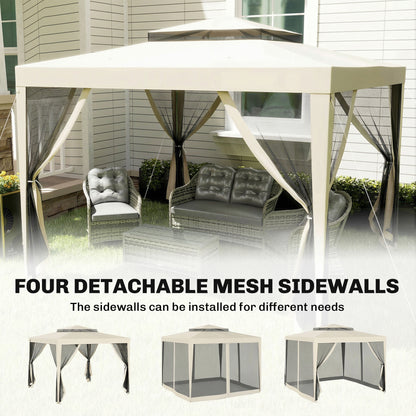 Outsunny 3 x 3 m Gazebo, Netting Party Tent, Patio Canopy Outdoor Event Shelter with Double Tier Roof, Beige