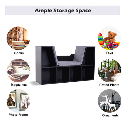 HOMCOM Bookcase Storage Shelf with Cushioned Reading Seat, Cube Bookshelf Organizer for Bedroom Living Room, Black