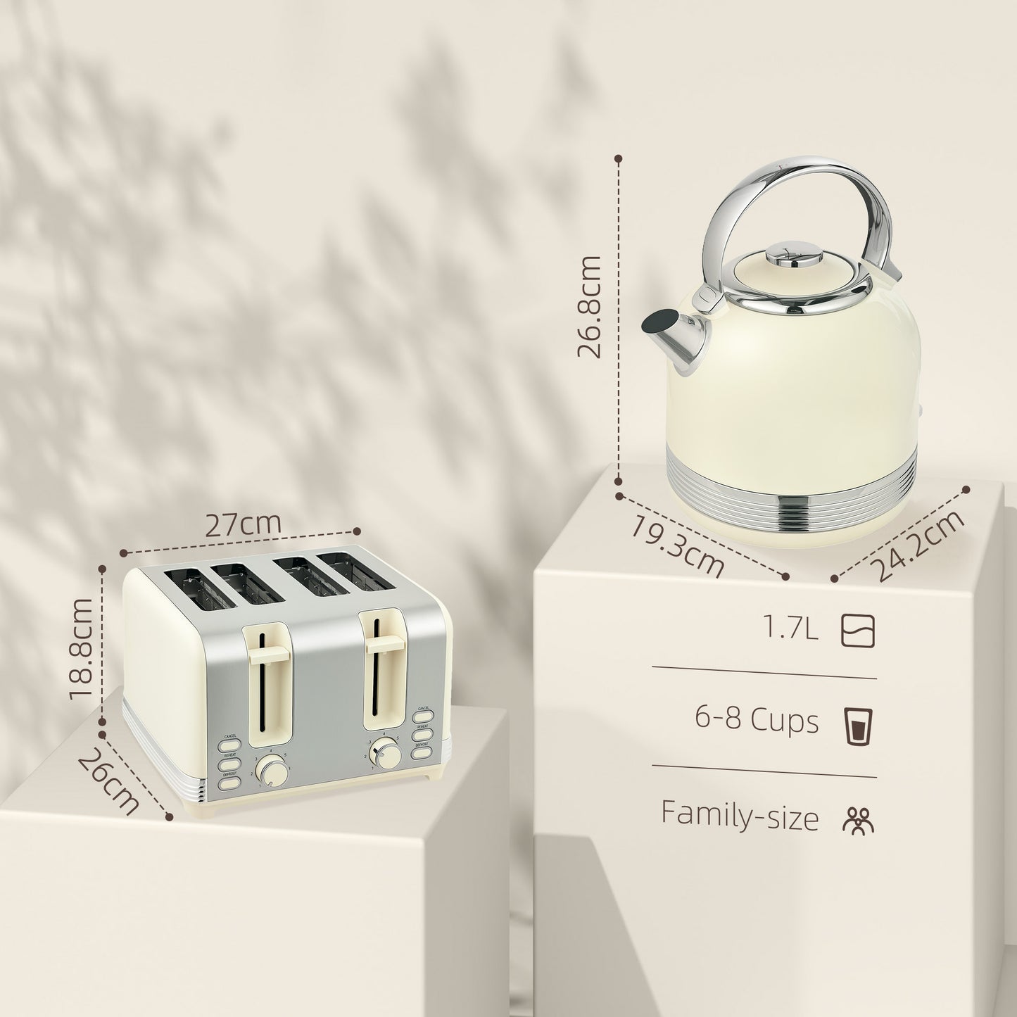 HOMCOM Polished Stainless Steel Kettle and Toaster Set - Cream