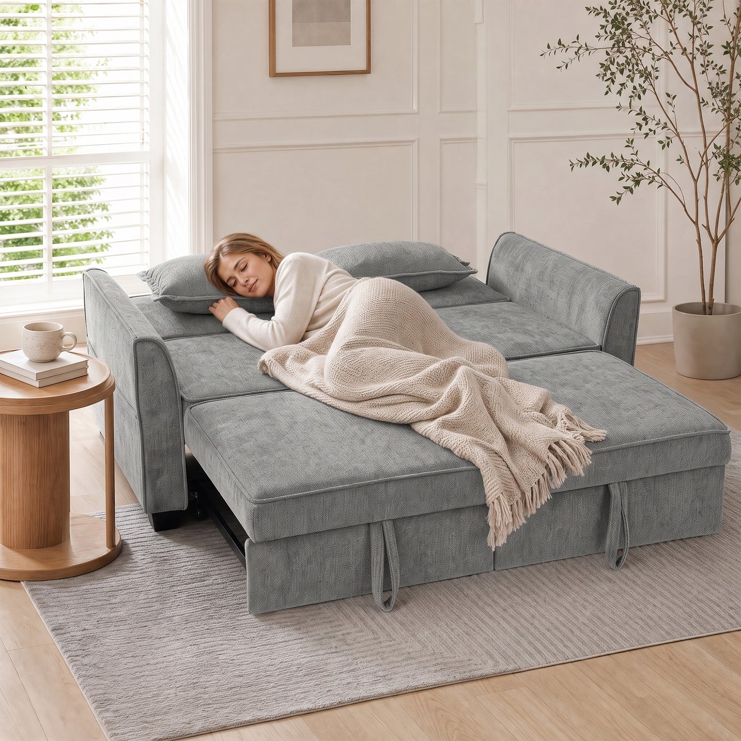 HOMCOM 2 Seater Sofa Bed, 4-in-1 L-Shaped Convertible Pull-Out Sleeper Sofa with Adjustable Backrest and Side Pockets, Grey
