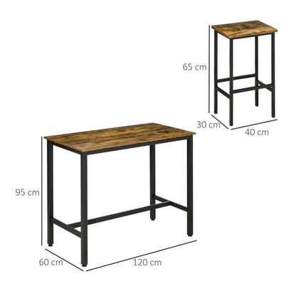 HOMCOM 120x60cm Bar Table Set, Breakfast Table with 2 Stools, 3-Piece Counter Height Dining Table & Chairs for Kitchen, Living Room, Rustic Brown