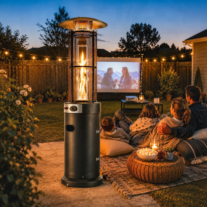Outsunny 11 KW Freestanding Gas Patio Heater, Adjustable Outdoor Garden Propane Heater with Tip-Over Switch, Wheels, Pulse Ignition, Tank Room with Openable Door, Black