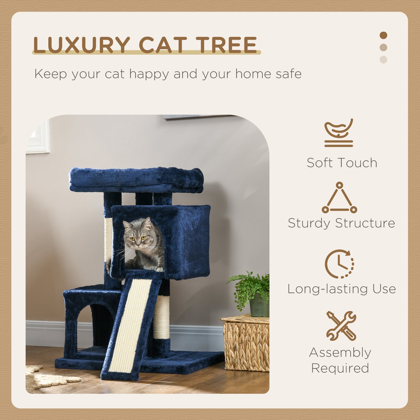 PawHut Sisal Cat Rest & Play Activity Tree w/ 2 House Navy Blue-Cat Trees & Towers-ChewyGames-ChewyGames